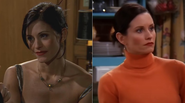 Monica Geller wearing different shades of red lipstick, side by side photos