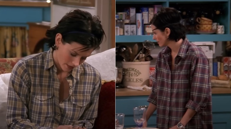 Monica Geller wearing plaid shirts, side by side photos