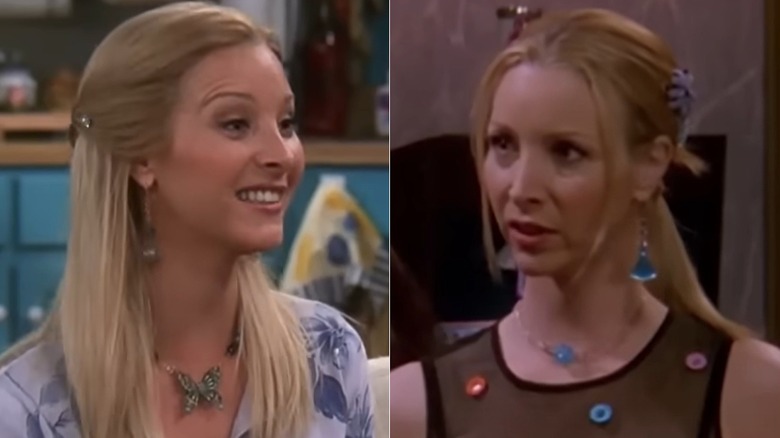 Phoebe Buffay wearing a butterfly necklace and a matching earrings and necklace set, side by side photos
