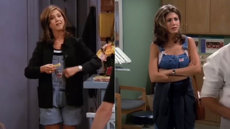 Rachel Green wearing denim overalls, side by side photos