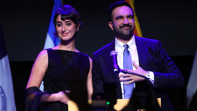 Zohran Mamdani and Rama Duwaji on stage after the election watch party in November 2025