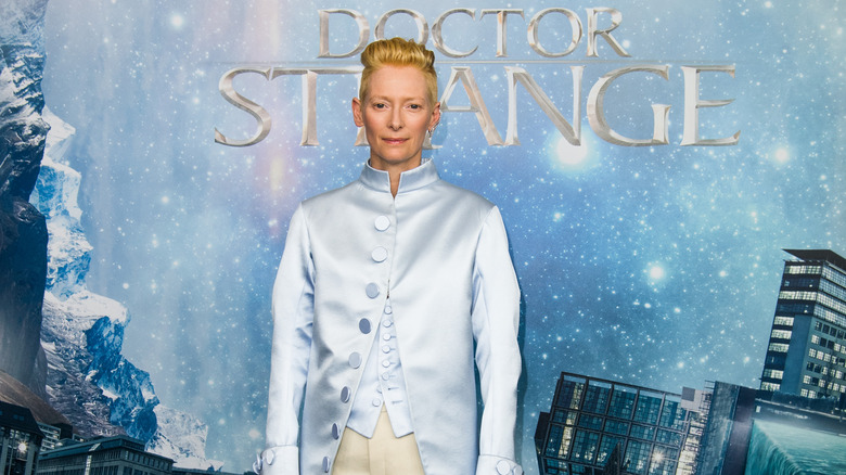 Tilda Swinton with her signature short cropped hair at a red carpet for Doctor Strange