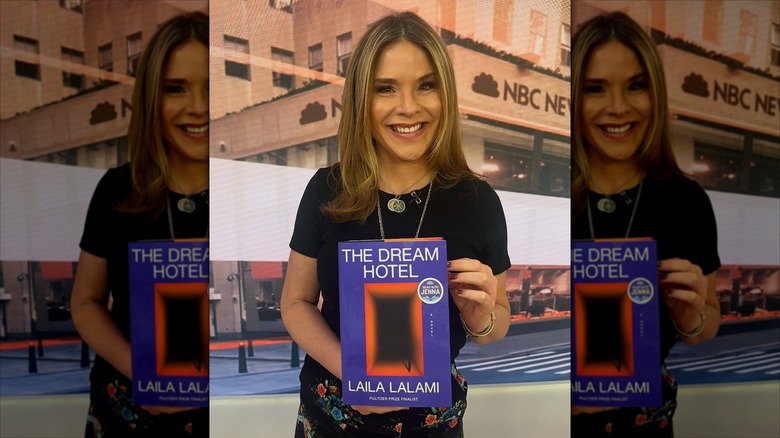 Jenna Bush Hager holding a copy of "The Dream Hotel" by Laila Lalami