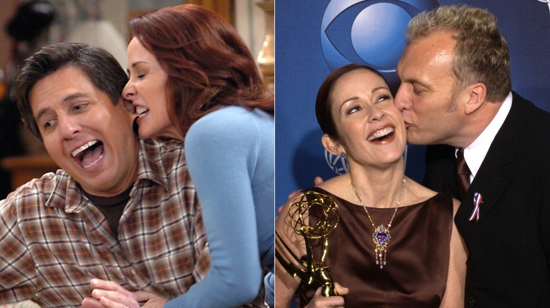 Debra biting Ray's ear on "Everybody Loves Raymond" and David Hunt kissing Patricia Heaton's cheek on the red carpet, side by side photos