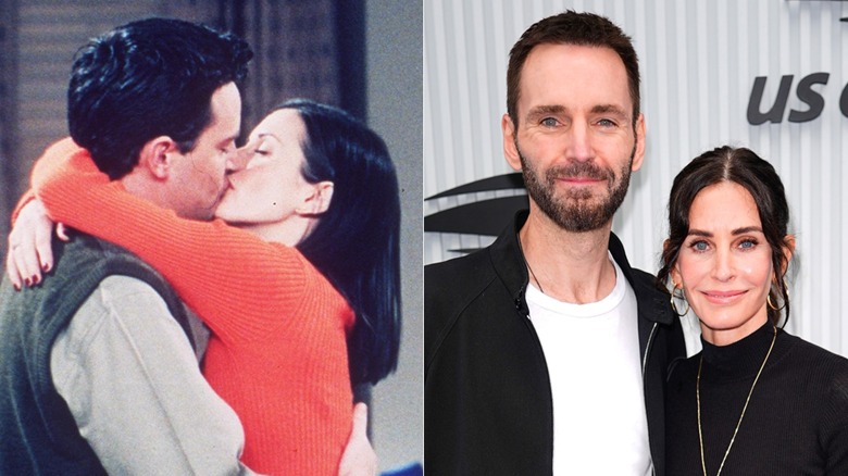 Chandler and Monica kissing in "Friends" and Johnny McDaid smiling on the red carpet next to Courteney Cox