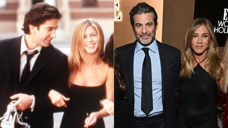 David Schwimmer looking at Jennifer Aniston during a "Friends" photoshoot and Jennifer Aniston on the red carpet with Jim Curtis, side by side photos