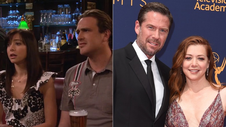 Lily and Jason Segal as Marshall sitting next to each other on "How I Met Your Mother" and Alyson Hannigan smiling with her husband Alexis Denisof on the red carpet, side by side photos