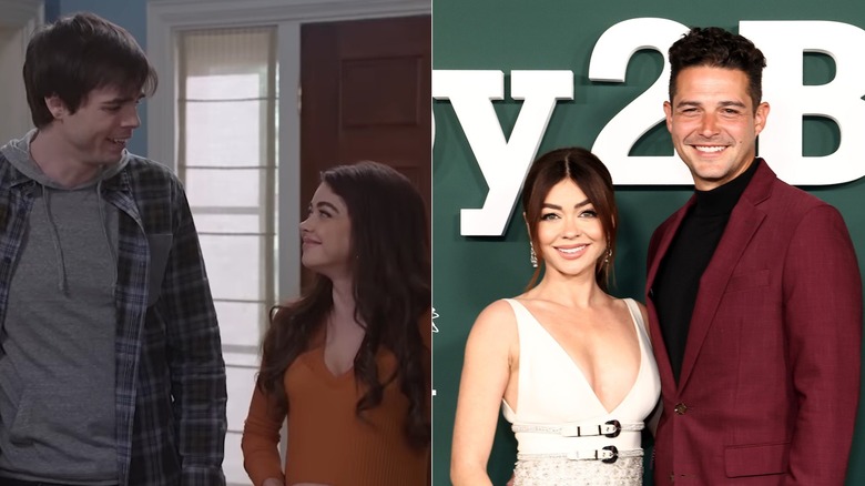 Dylan looking at Haley in "Modern Family" and Wells Adams smiling beside Sarah Hyland on the red carpet, side by side photos