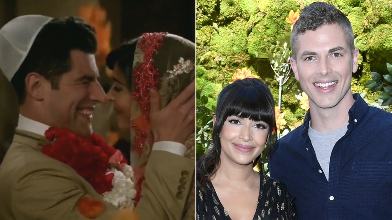 Schmidt and CeCe looking at each other on their wedding day in "New Girl" and Hannah Simone smiling alongside Jesse Giddens while outdoors, side by side photos