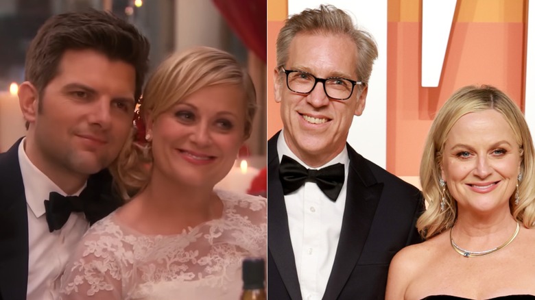 Leslie Knope and Ben Wyatt smiling together in "Parks and Recreation" and Amy Poehler smiling on the red carpet with Joel Lovell, side by side photos