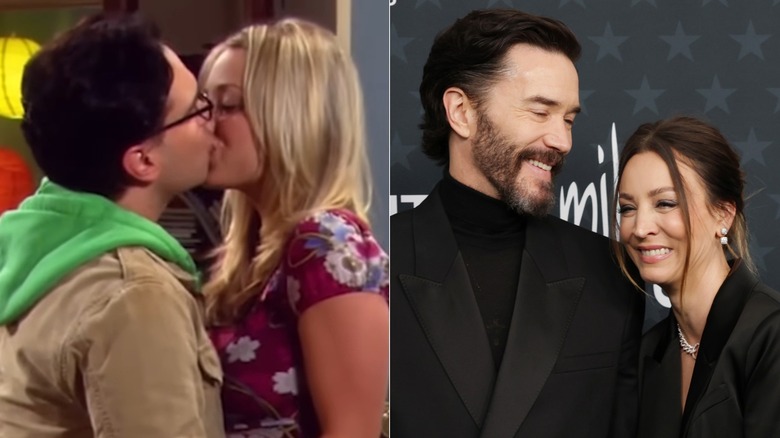 Leonard and Penny kissing on "The Big Bang Theory" and Tom Pelphrey smiling and gazing at Kaley Cuoco on the red carpet, side by side photos