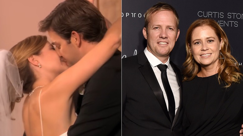Pam and Jim kissing on their wedding day in "The Office" and Jenna Fischer with her husband Lee Kirk on the red carpet, side by side photos