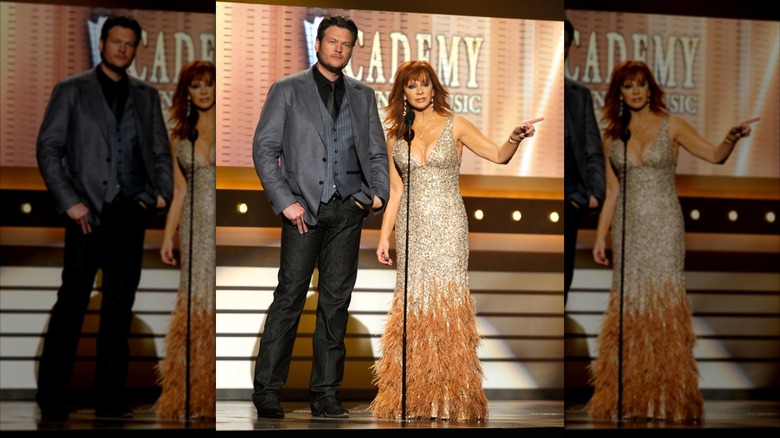 Reba McEntire in a feather and sequin dress