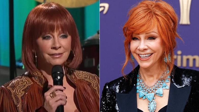 Reba McEntire wearing two red wigs, side by side photos