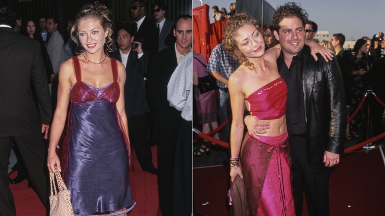 Rebecca Gayheart in a purple shift dress and a pink two-piece on two red carpets in the '90s, side by side photos