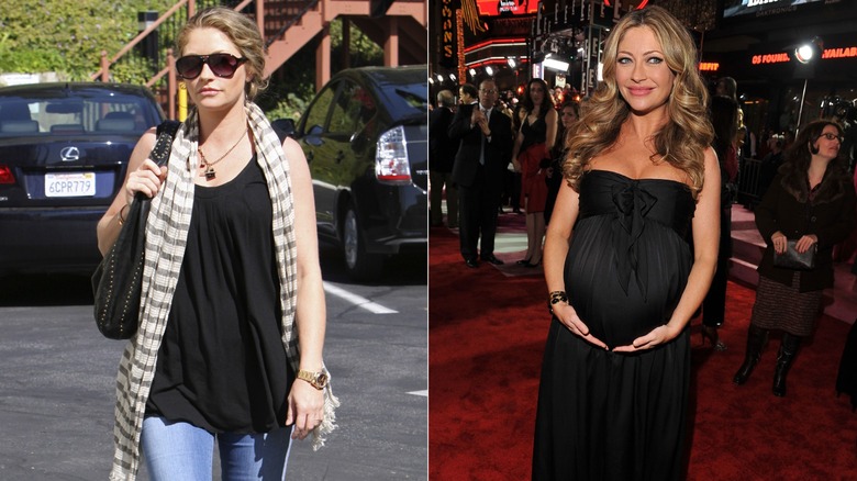 Pregnant Rebecca Gayheart showing her baby bump in a black top and jeans and on the red carpet in a black dress, side by side photos