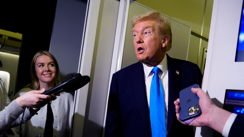 Karoline Leavitt smiling at Donald Trump in an airplane