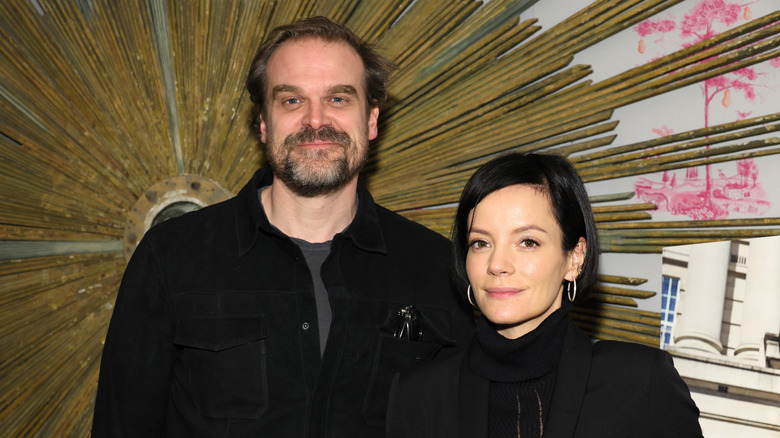 David Harbour and Lily Allen wearing all black on the red carpet