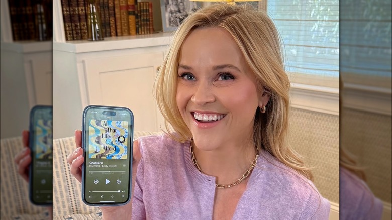 Reese Witherspoon listening to All That Life Can Afford by Emily Everett on audiobook