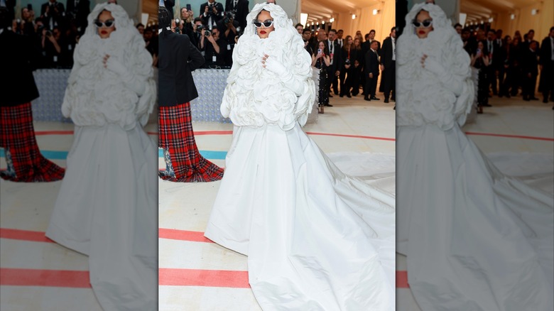 Rihanna at the 2023 Met Gala in a puffy white gown honoring Karl Lagerfeld