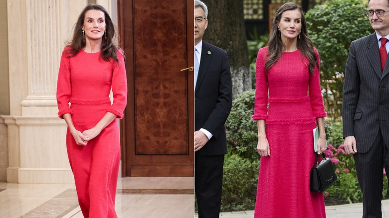 Queen Letizia wearing a pink dress in 2026 and wearing the same dress in 2025, side by side photos