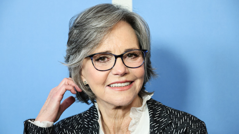 Sally Field in a patterned blazer and blue glasses