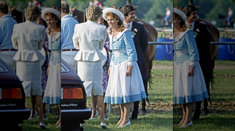 Sarah Ferguson in a blue and white dress at a polo match