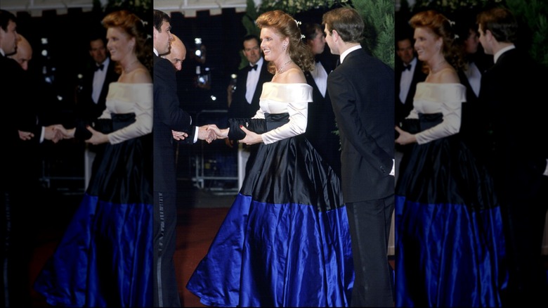 Sarah Ferguson in a blue, black and white gown at Covent Garden