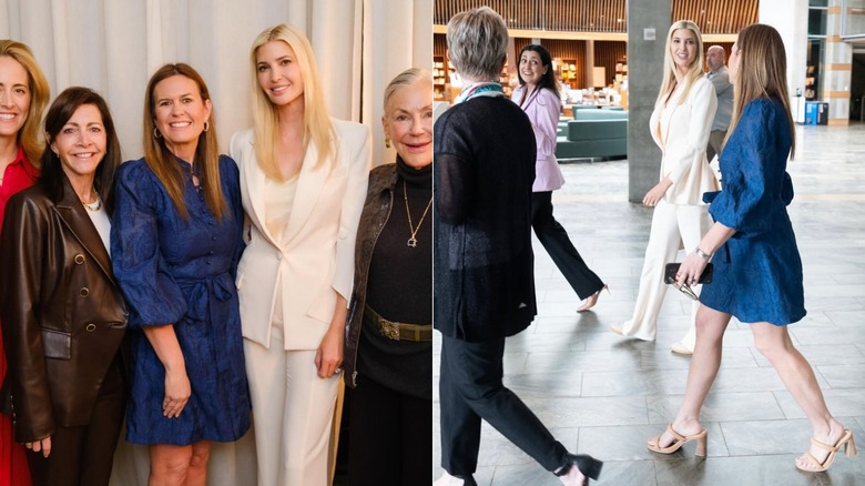 Side-by-side photos of Sarah Huckabee Sanders in a knee-length blue dress and her full look showing her nude two-strap sandals