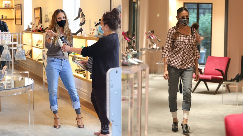 Two images of Sarah Jessica Parker in pants with thermal long johns showing underneath them