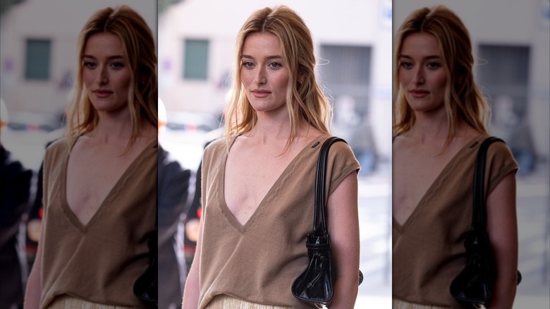 Sarah Pidgeon pictured outside during Milan Fashion Week with her hair a buttery blonde shade