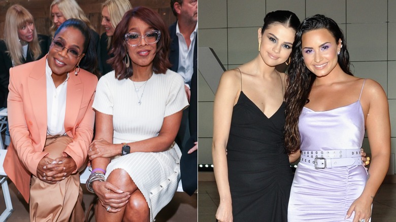 Oprah Winfrey sits next to Gayle King. Selena Gomez stands next to Demi Lovato