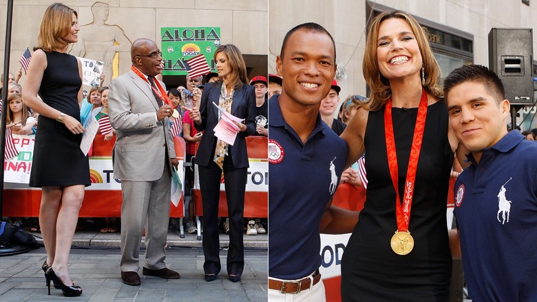 Side-by-side photos of Savannah Guthrie and Al Roker speaking to Olympians outdoors, and Savannah Guthrie posing with two Olympians