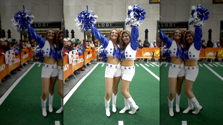 Savannah Guthrie posing with Jenna Bush Hager, both dressed like Dallas Cowboys cheerleaders