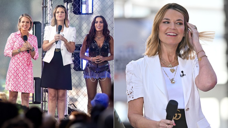Side-by-side photos of Savannah Guthrie speaking into a microphone on the "Today" show, flanked by other people, in front of an audience
