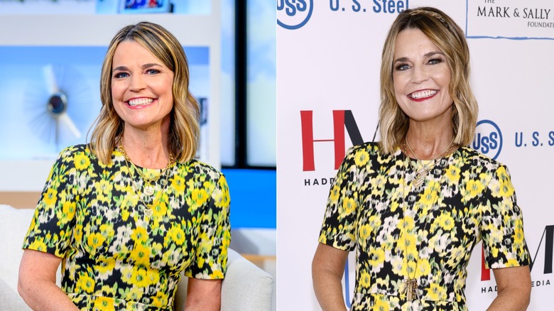 Savannah Gutherie in a yellow floral dress on the Fox News set and again at the White House