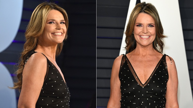Split image of Savannah Guthrie attending the Vanity Fair Oscar Party in 2017, wearing her hair in soft curls down her back