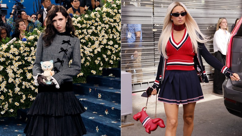 Split image of Clairo holding a cat clutch at the Met Gala and Paris Hilton walking with a red dog-shaped handbag