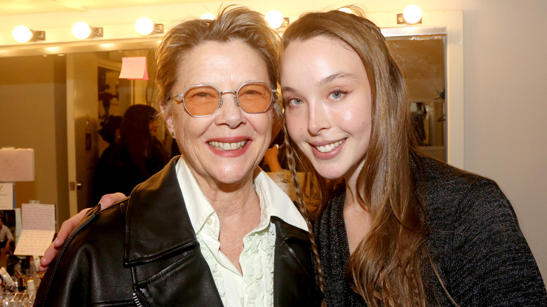 Annette Bening smiling with Ella Beatty backstage at the Broadway show "Appropriate"