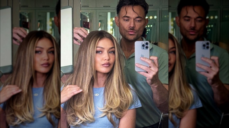 Gigi Hadid and her hair stylist taking a selfie on Instagram in July 2026.