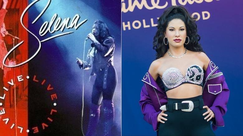 Split image of Selena's album "Live!" and the late singer's Madame Tussauds wax figure both featuring an iconic purple look
