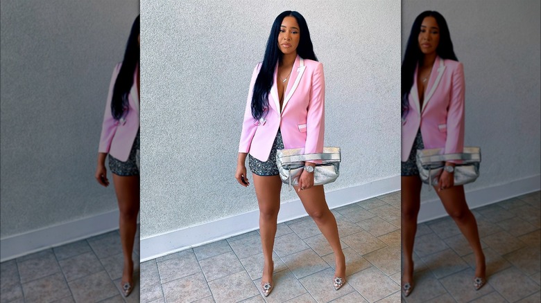 Woman wearing sequin shorts