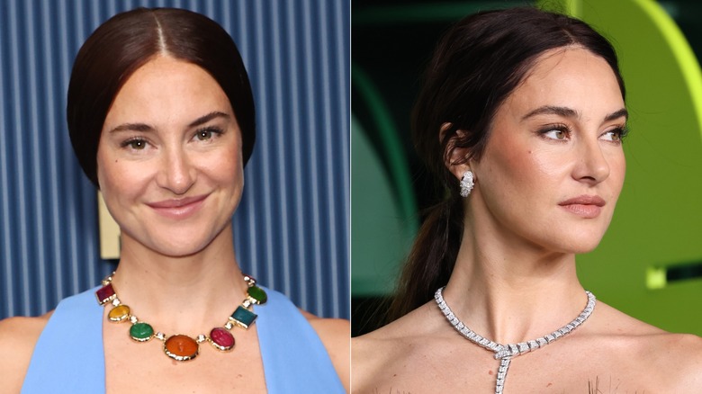 Split image of Shailene Woodley wearing a pared-back beauty look with a sleek ponytail compared to a textured ponytail with elegant makeup