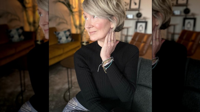 Older woman wearing styled bixie haircut