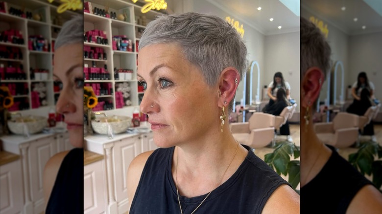 Older woman wearing a textured pixie cut