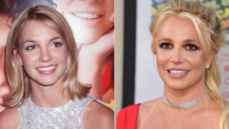 Side-by-side image of Britney Spears smiling in the past vs present
