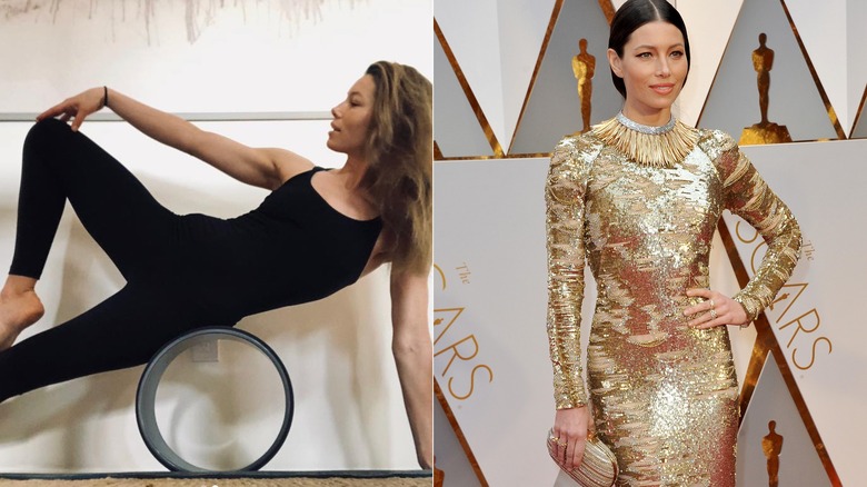 Jessica Biel doing yoga vs. red carpet look