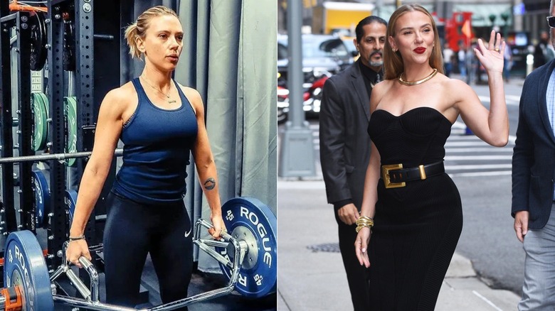 Scarlett Johansson working out vs. red carpet look