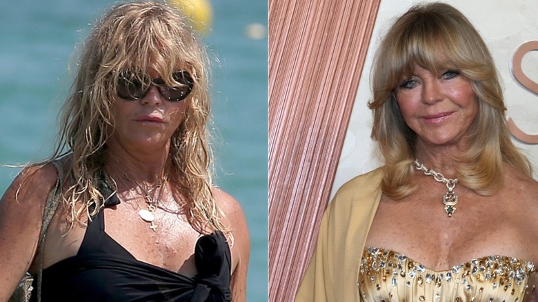 Side-by-side images of Goldie Hawn smiling