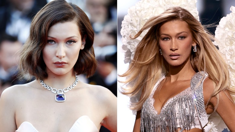 Bella Hadid modeling at a young age next to Bella Hadid modeling at an older age.